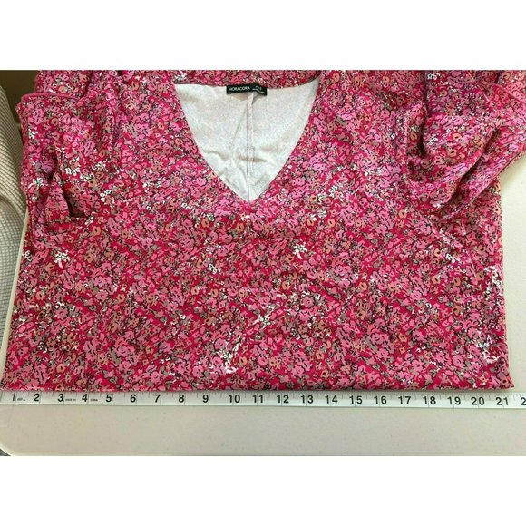 NoraCora Women's Pink Floral V-Neck Shirt Dress Size Small Trumpet Sleeve - Picture 11 of 11